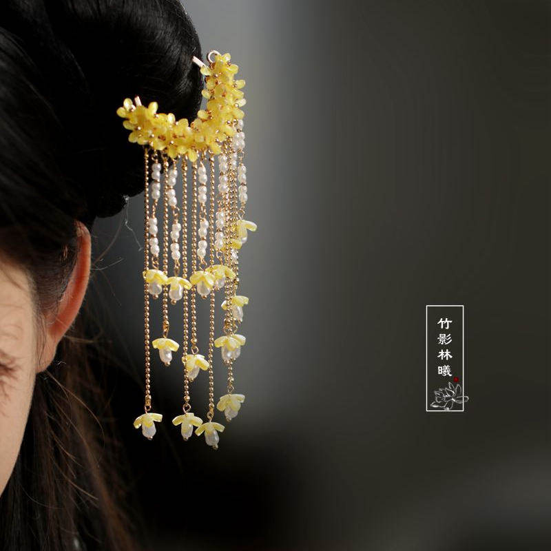 Hanbok Hair Pin - 古代風のキンモクセイの花のヘアピン、タッセル付き、漢服のヘアピン、明風のアクセサリー、女性用ヘアカーテン、ステップローブ、馬面スカートの髪飾り
