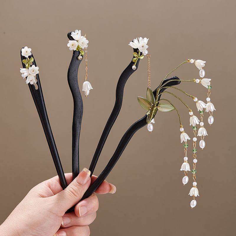 Hanbok Hair Pin - スズラン1 ヘアスティック レトロ木製フラワータッセルヘアピン 中国漢服ヘアアクセサリー ヴィンテージウェディングアップヘアヘアクリップ