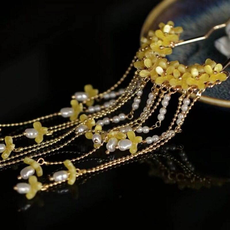 古代風のキンモクセイの花のヘアピン、タッセル付き、漢服のヘア - Hanbok Hair Pin のレビューと価格