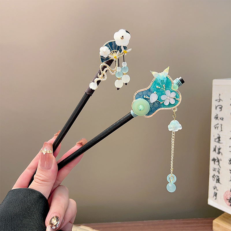 クラシックタッセルヘアスティック黒木製フラワーパールヘアピン - Hanbok Hair Pin のレビューと価格