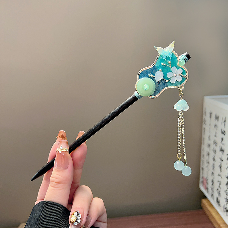 クラシックタッセルヘアスティック黒木製フラワーパールヘアピン - Hanbok Hair Pin のレビューと価格